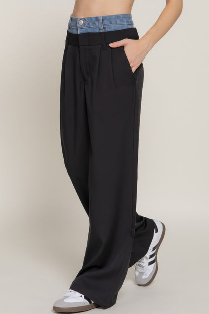 Contrast Denim Waist Straight Long Pants - Tigbul's Variety Fashion Shop