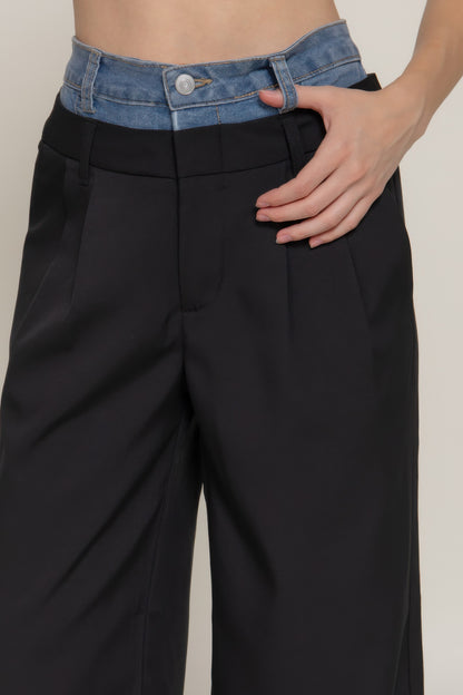 Contrast Denim Waist Straight Long Pants - Tigbul's Variety Fashion Shop