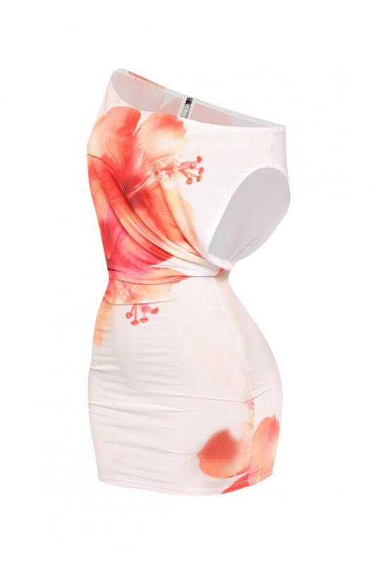 Plus Size Large Flower Printed Draped Mini Dress - Tigbul's Variety Fashion Shop