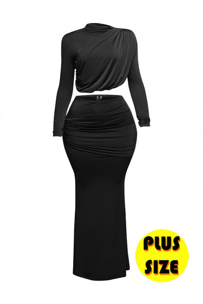 Plus Size Shirring Detailed Top & Long Skirt Set - Tigbul's Variety Fashion Shop