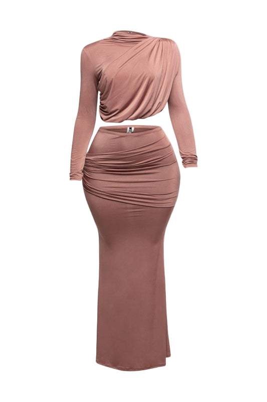 Plus Size Shirring Detailed Top & Long Skirt Set - Tigbul's Variety Fashion Shop