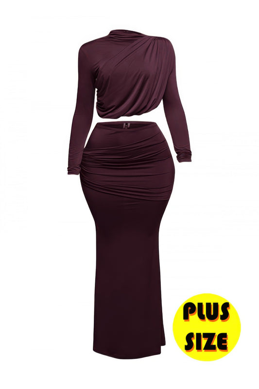 Plus Size Shirring Detailed Top & Long Skirt Set - Tigbul's Variety Fashion Shop