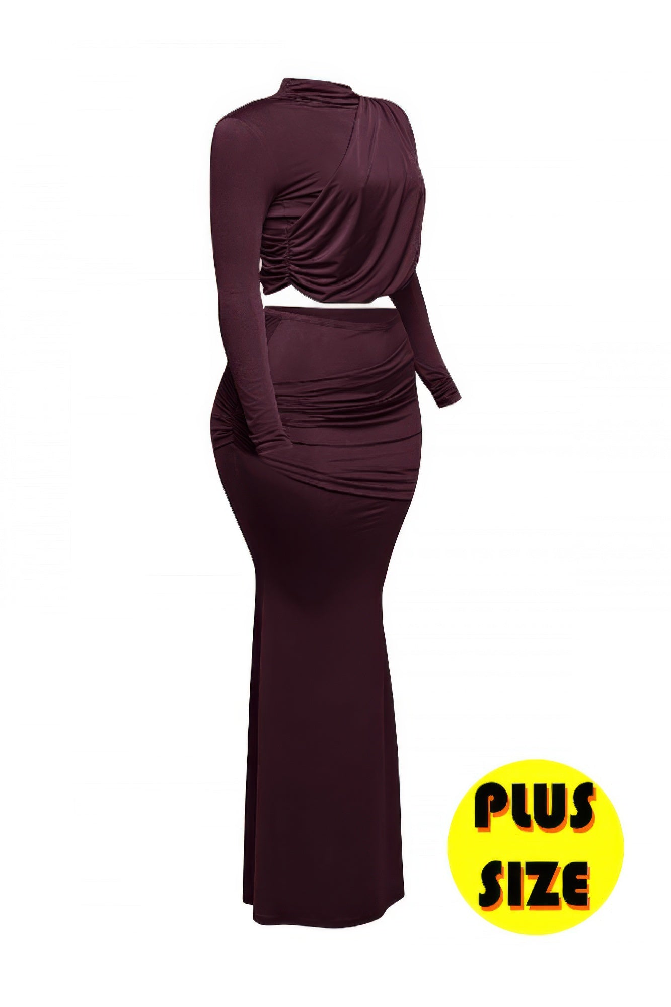 Raisin shirring wrap-style top with long sleeves and long fitted skirt, side view