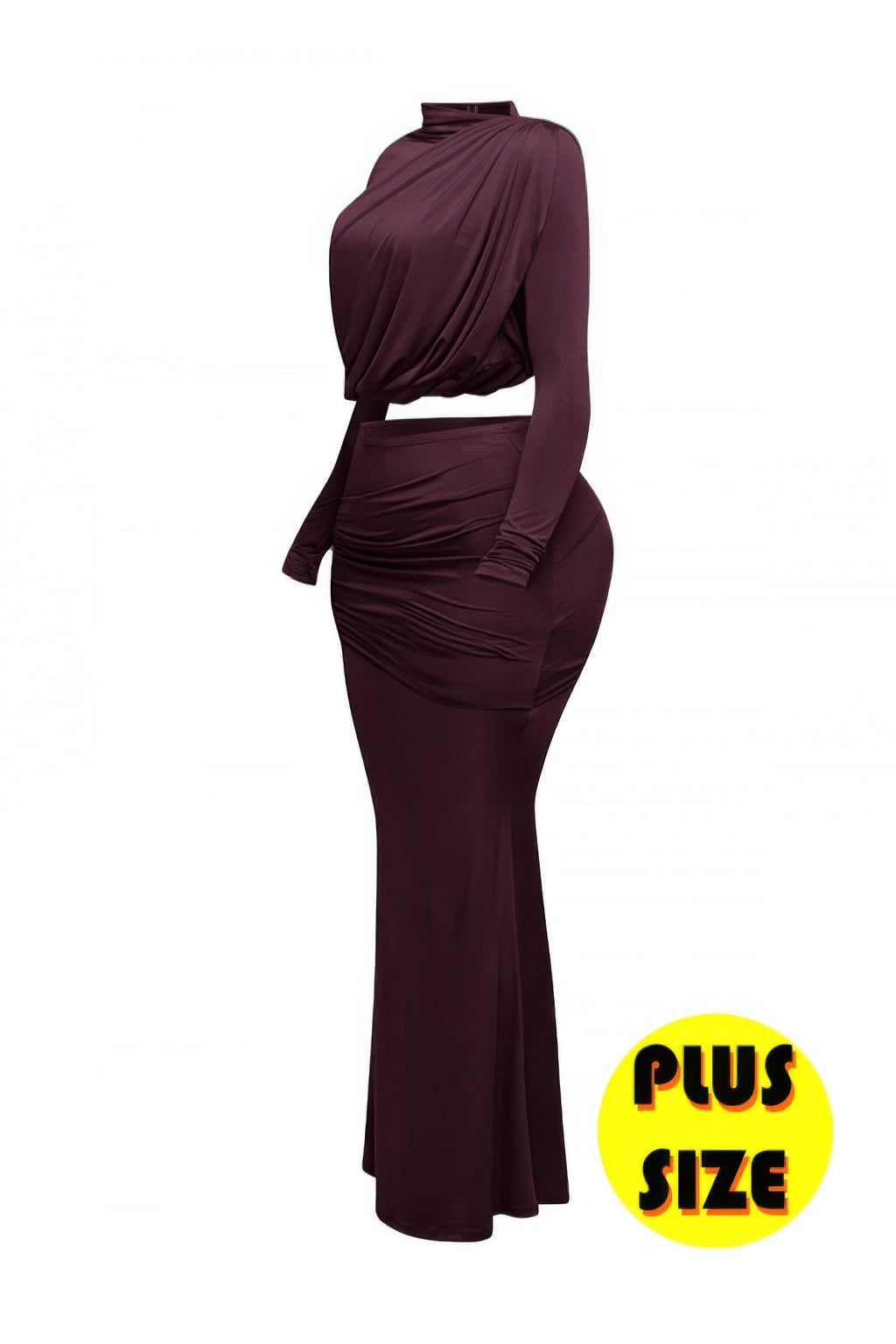Raisin ruched top and long mermaid-style skirt set, side view