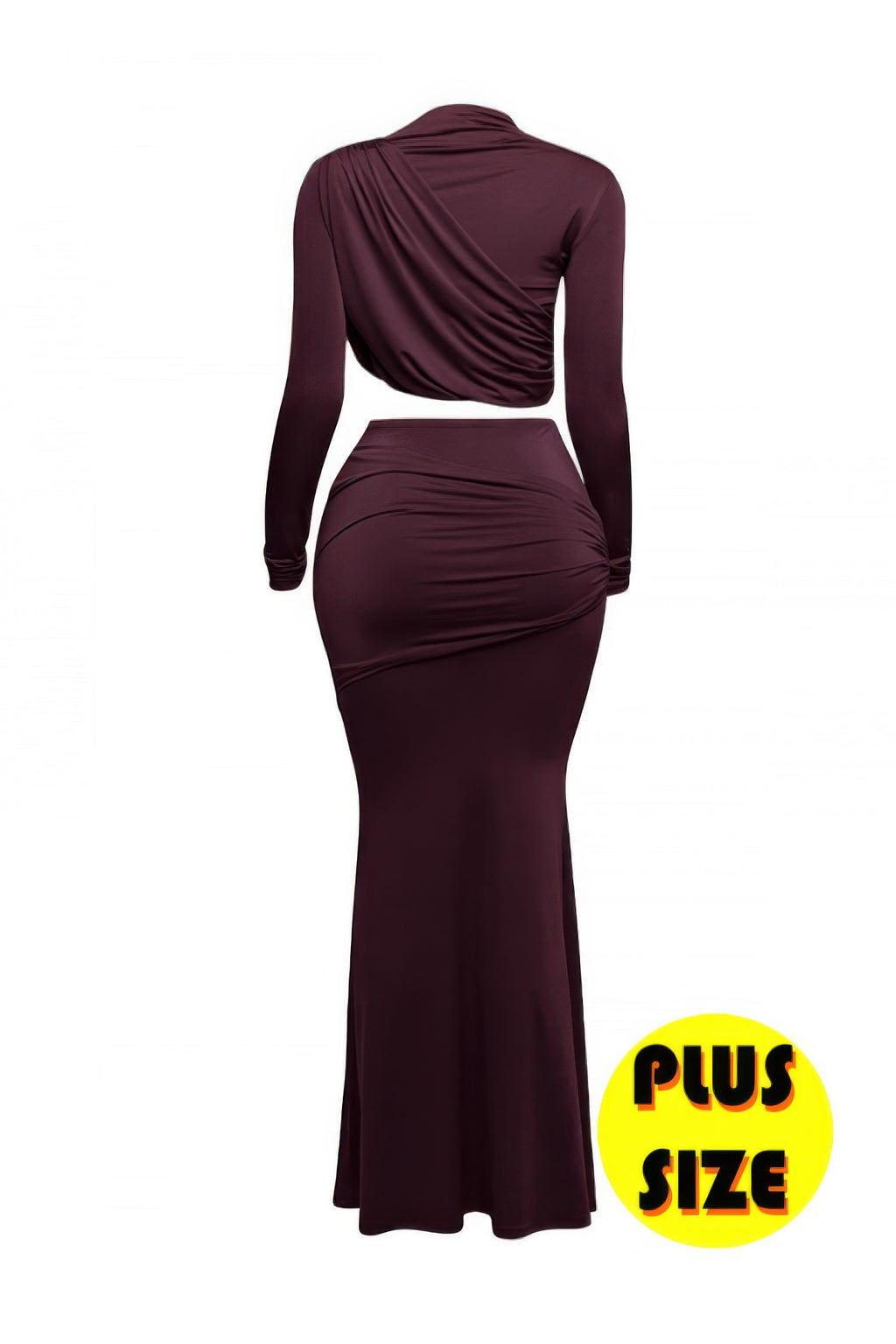 Raisin shirred wrap top with long sleeves and long ruched skirt, back view