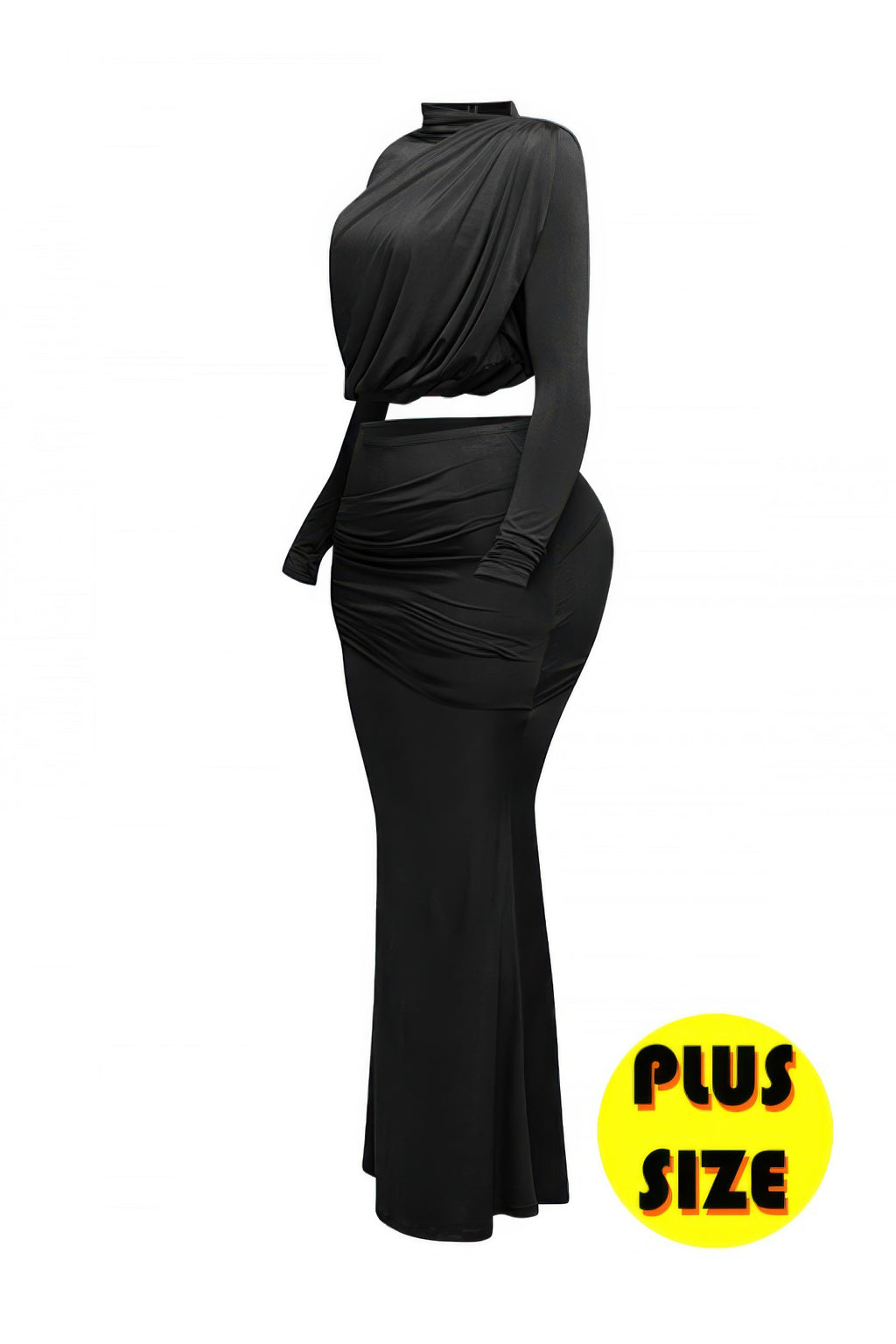 Black ruched wrap-style top with long sleeves and fitted long skirt, side view