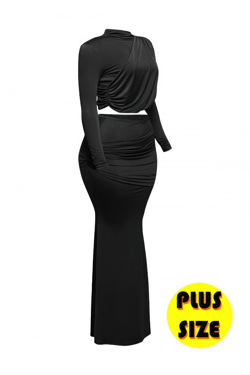 Black ruched top and long mermaid-style skirt set, back view with drape