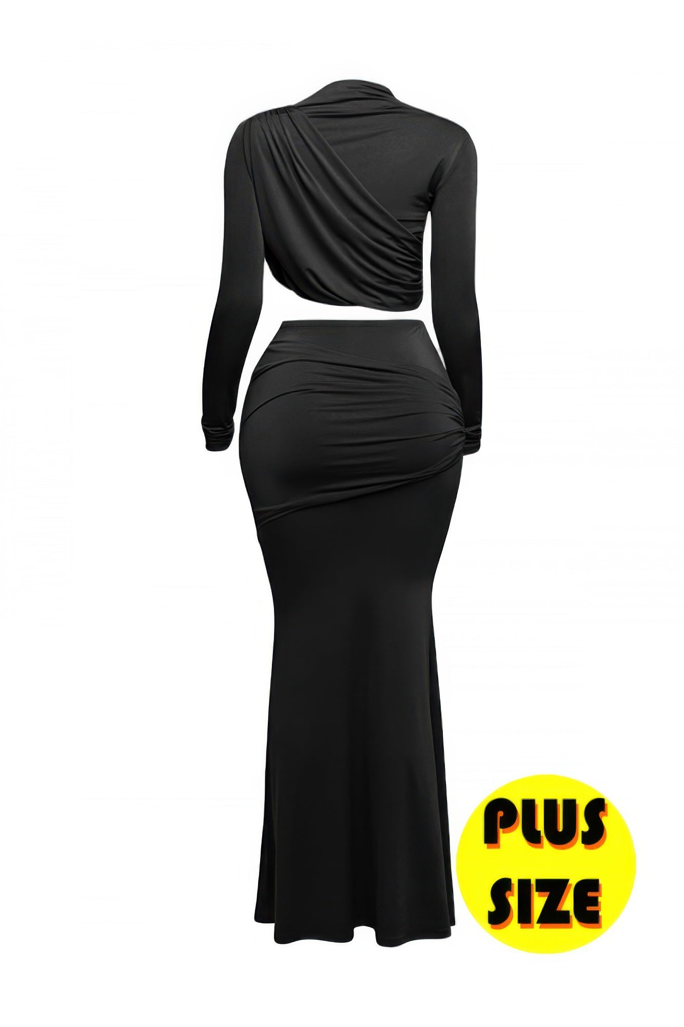 Black shirred wrap top with long sleeves and long fitted skirt, back view