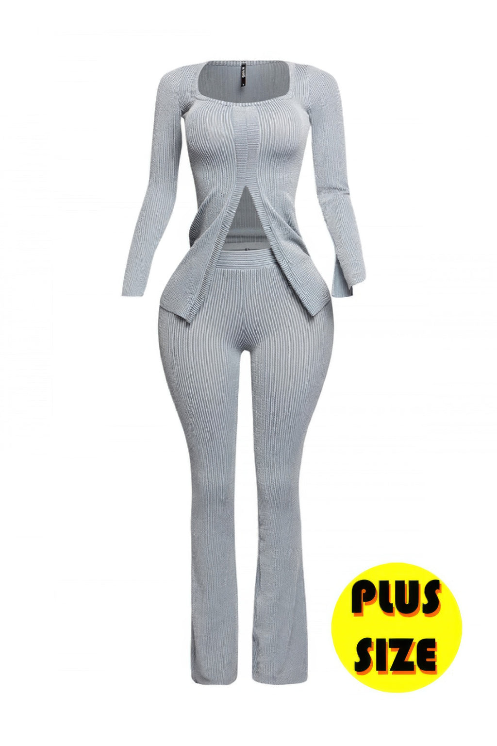 Slate ribbed pant set: long-sleeve top with slit detail, matching flared pants
