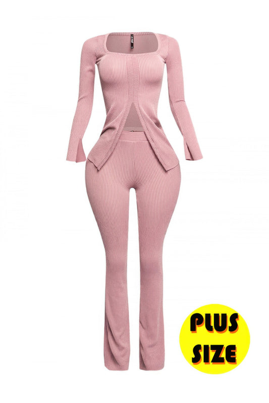 Plus Size Ribbed Pant Set With Slit Detail - Tigbul's Variety Fashion Shop