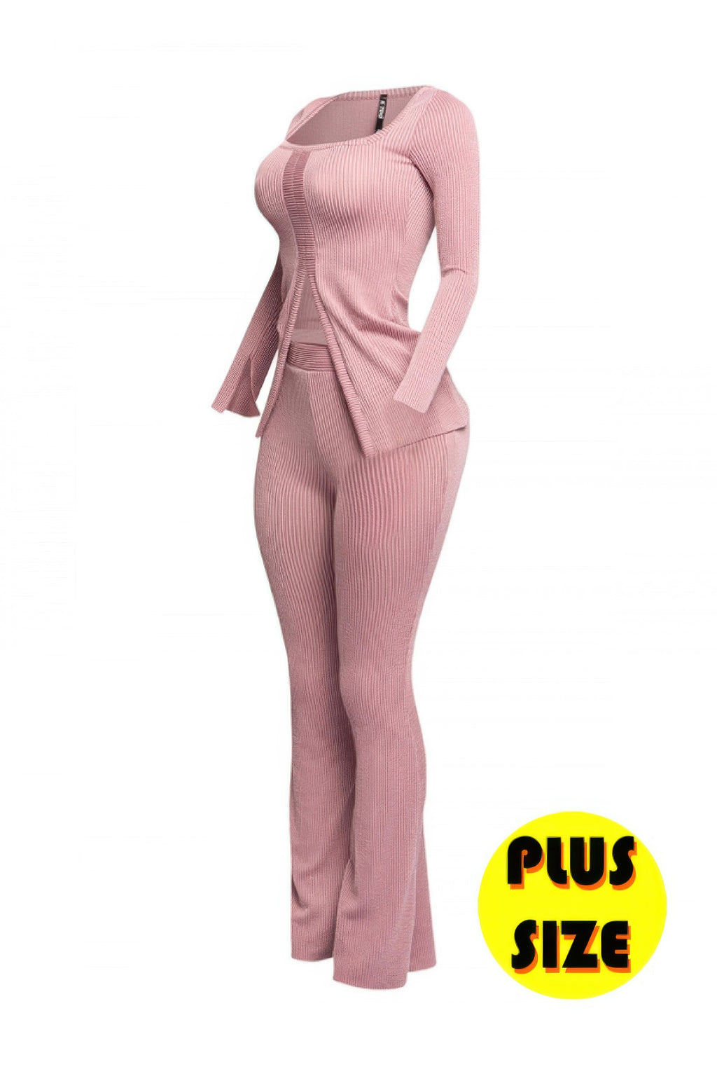 Lilac ribbed pant set, side view: slit-detail top with matching flared pants