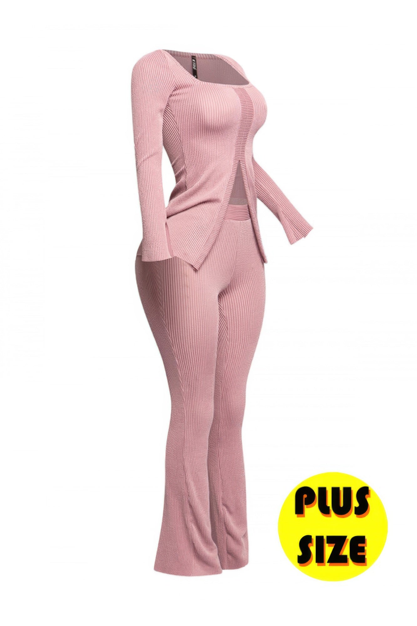 Lilac ribbed pant set, back view: slit-detail top with matching flared pants