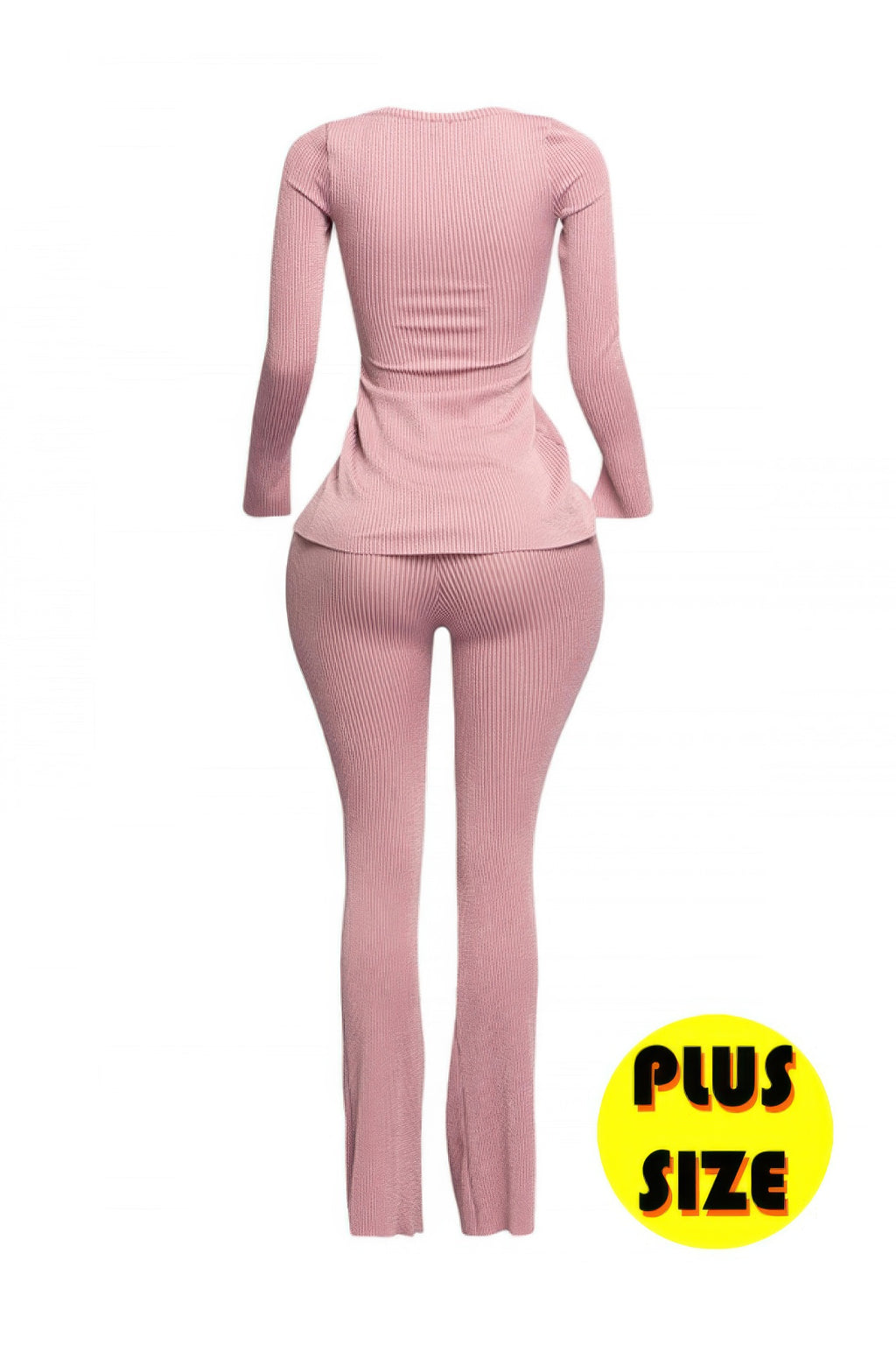 Lilac ribbed pant set, back view: ruched top and matching flared pants