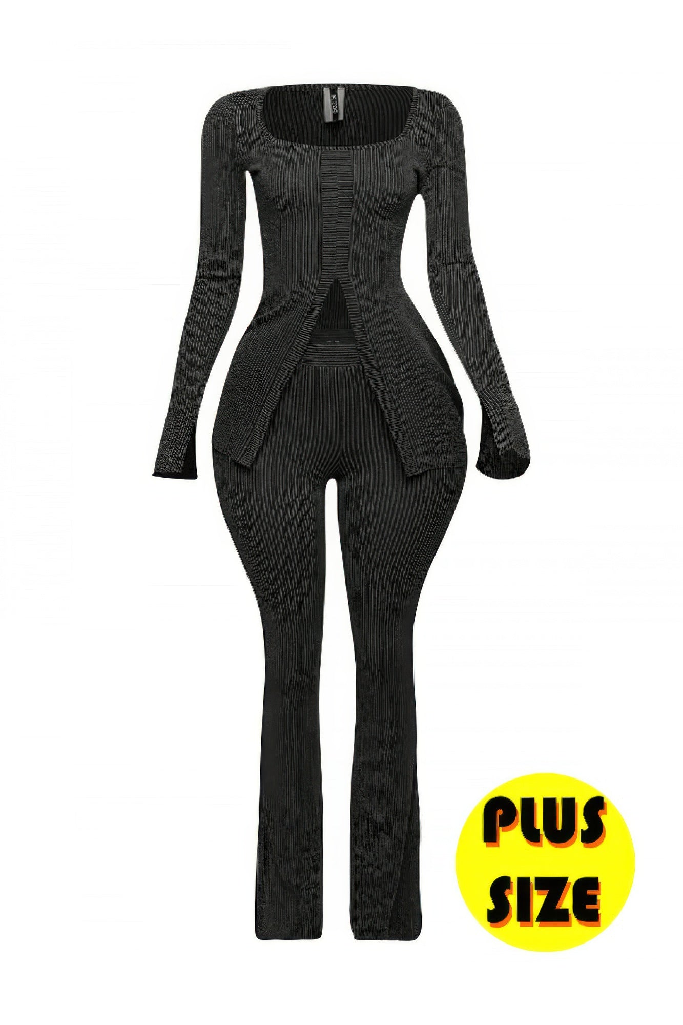 Plus Size Ribbed Pant Set With Slit Detail - Tigbul's Variety Fashion Shop