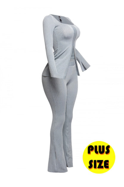 Plus Size Ribbed Pant Set With Slit Detail - Tigbul's Variety Fashion Shop
