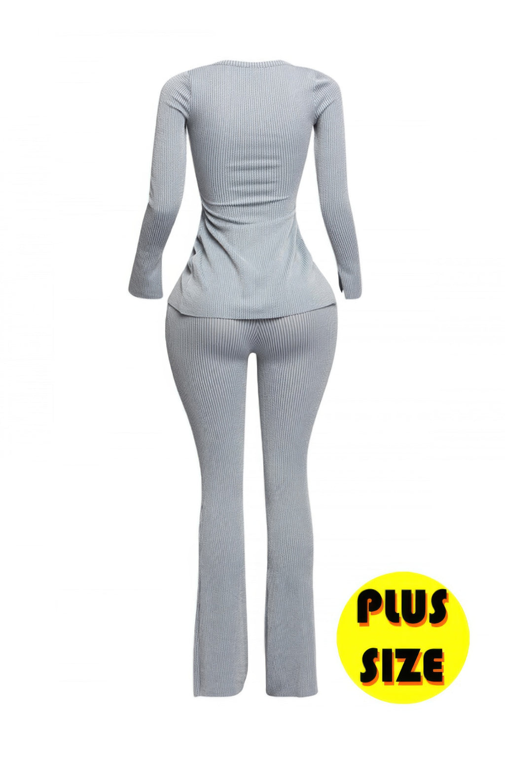 Slate ribbed pant set, back view: ruched top and matching flared pants
