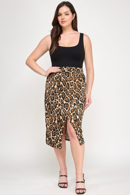 Plus Leopard Print Asym Skirt W/ Buckle - Tigbul's Variety Fashion Shop