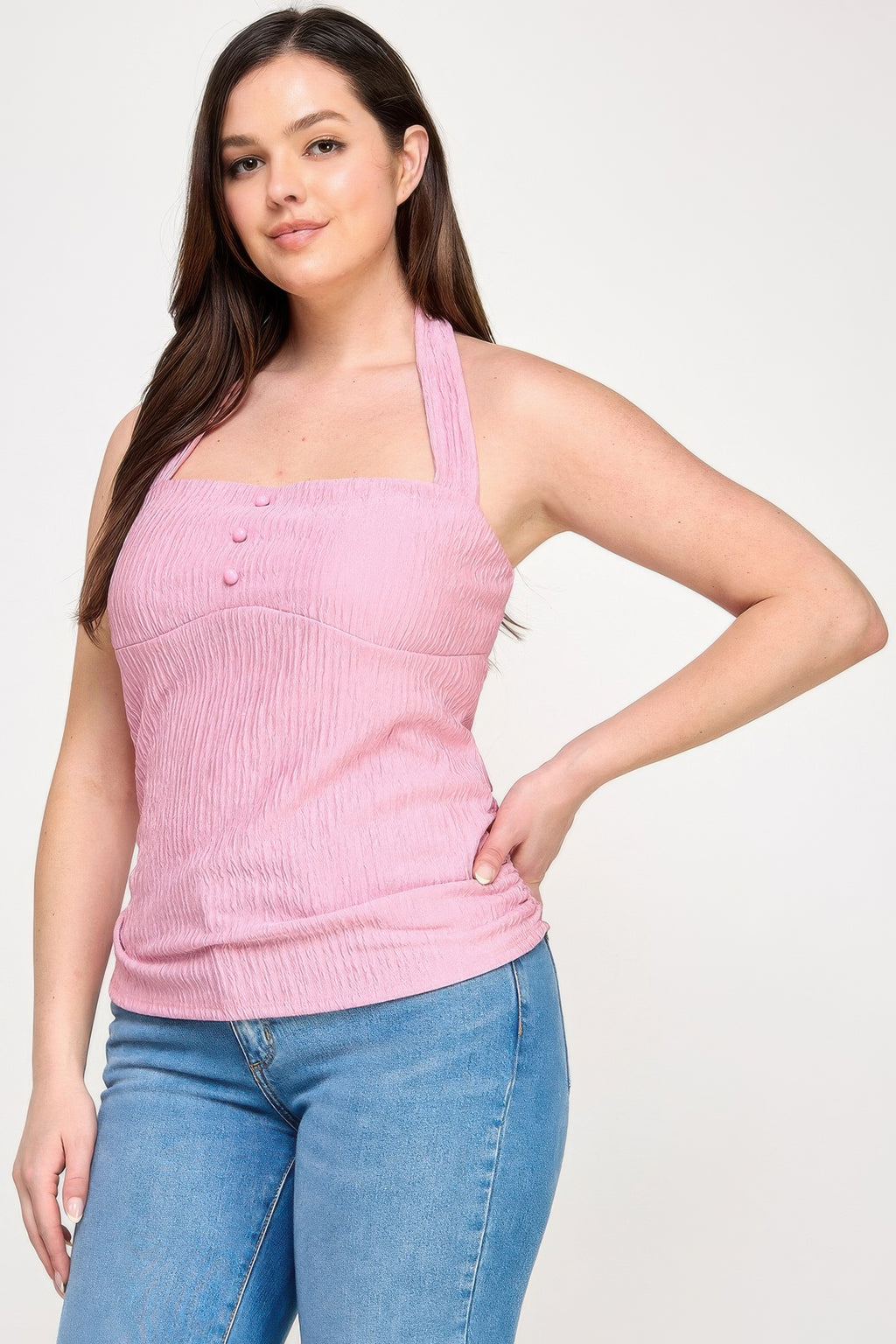Plus Halter Tie Crinkle Knit Top, Rose petal, fitted ruched waist