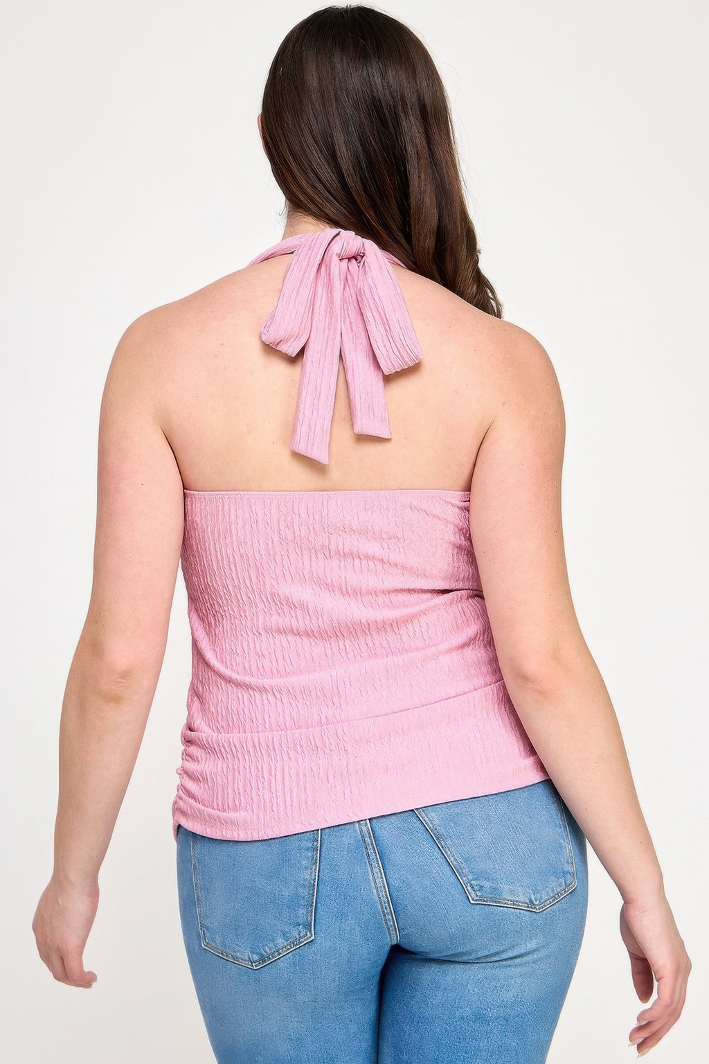 Plus Halter Tie Crinkle Knit Top, Rose petal, open back with tied halter bow
