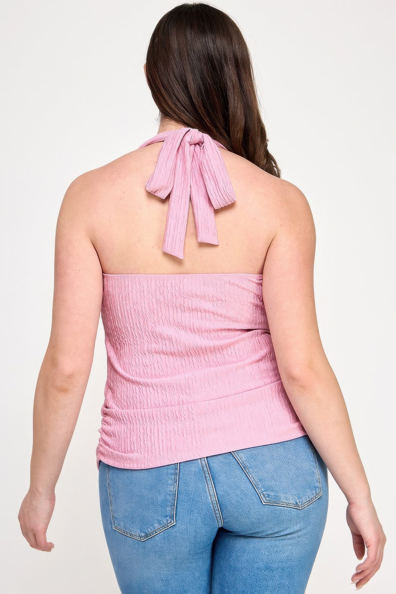 Plus Halter Tie Crinkle Knit Top, Rose petal, open back with tied halter bow