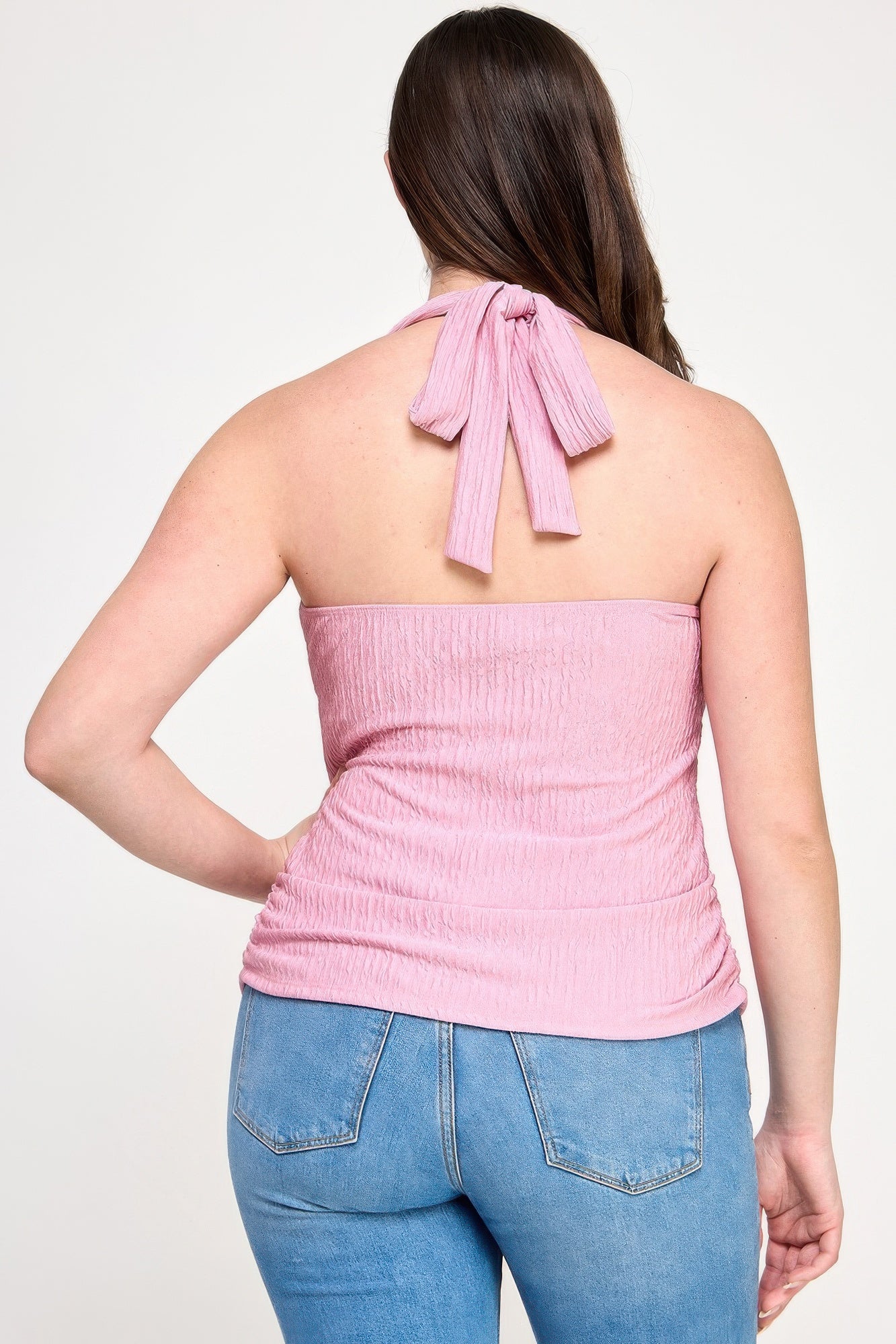 Plus Halter Tie Crinkle Knit Top, Rose petal, back view with halter tie bow