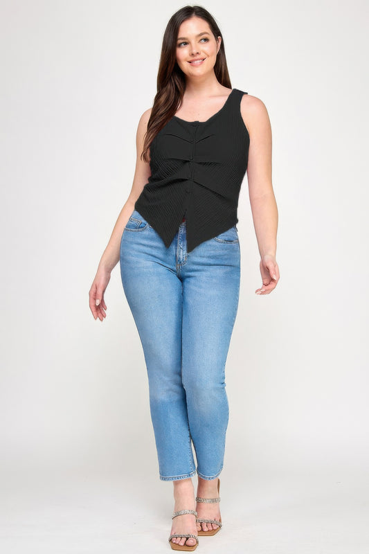 Plus Sleeveless Crinkle Knit Faux Button Down Top - Tigbul's Variety Fashion Shop