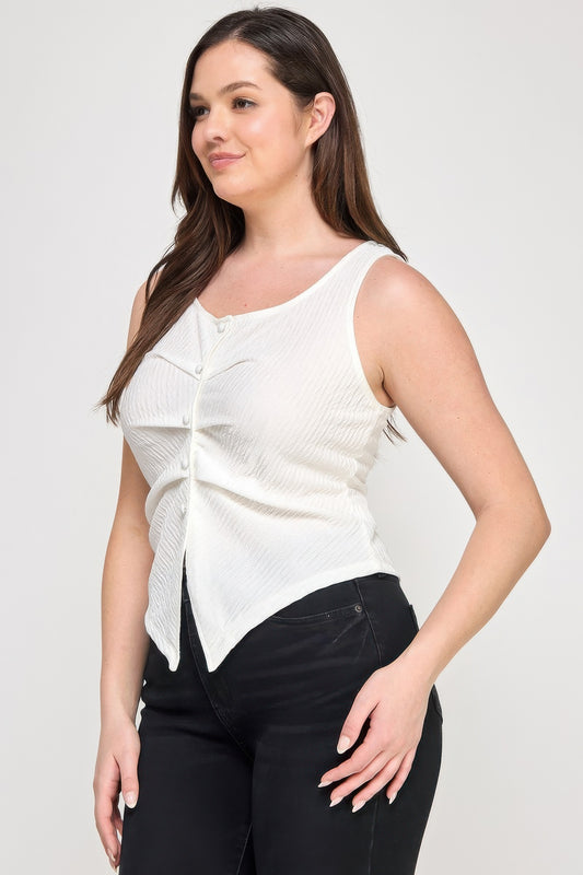 Plus Sleeveless Crinkle Knit Faux Button Down Top - Tigbul's Variety Fashion Shop