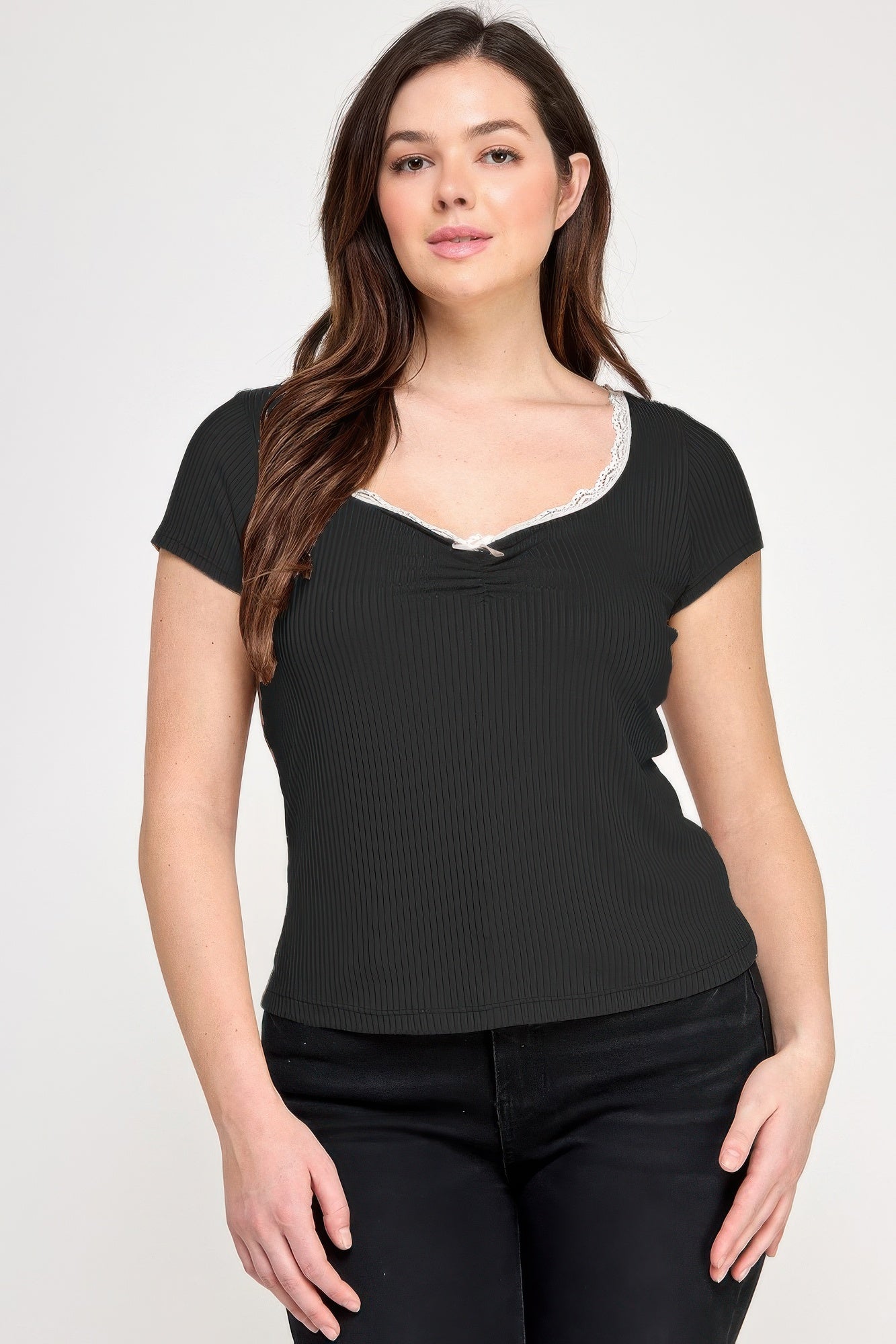 Ribbed short-sleeve top with bow trim, lace-trim scoop neckline (plus size)