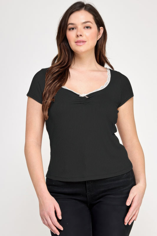 Plus Size Short Sleeve Rib Bow Trim Top - Tigbul's Variety Fashion Shop