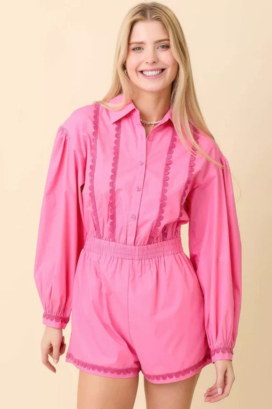 Long Sleeve Romper With Contrasting Scallop Lace - Tigbul's Variety Fashion Shop