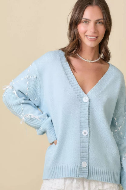 Hand Sewn Satin Ribbon Detail On Sleeve Cardigan - Tigbul's Variety Fashion Shop