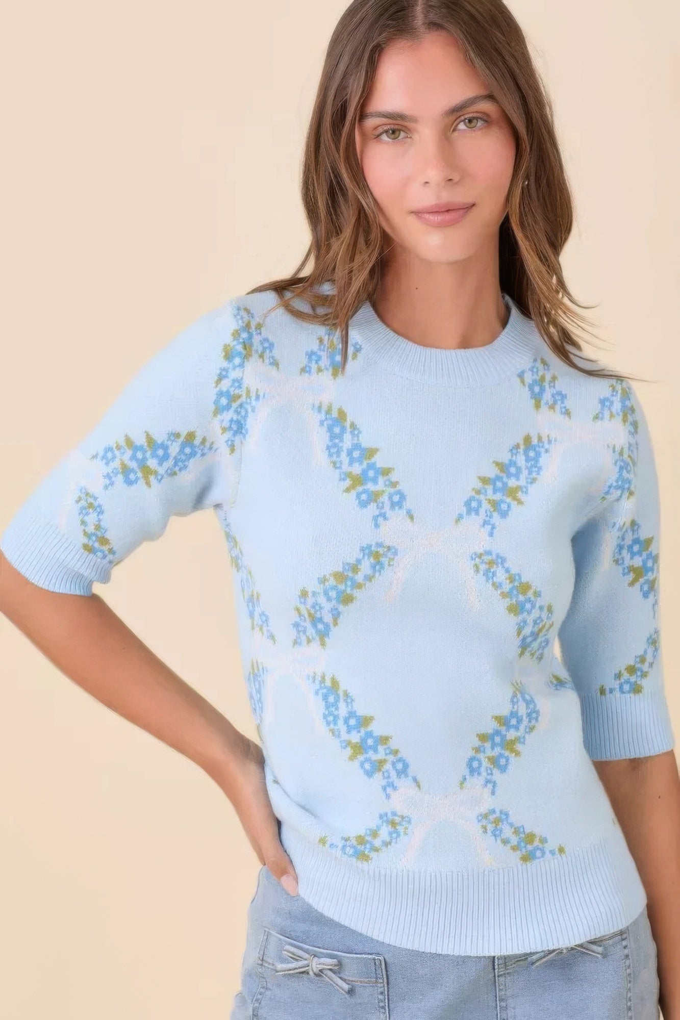 Floral Ribbon Print Sweater Knit Top - Tigbul's Variety Fashion Shop