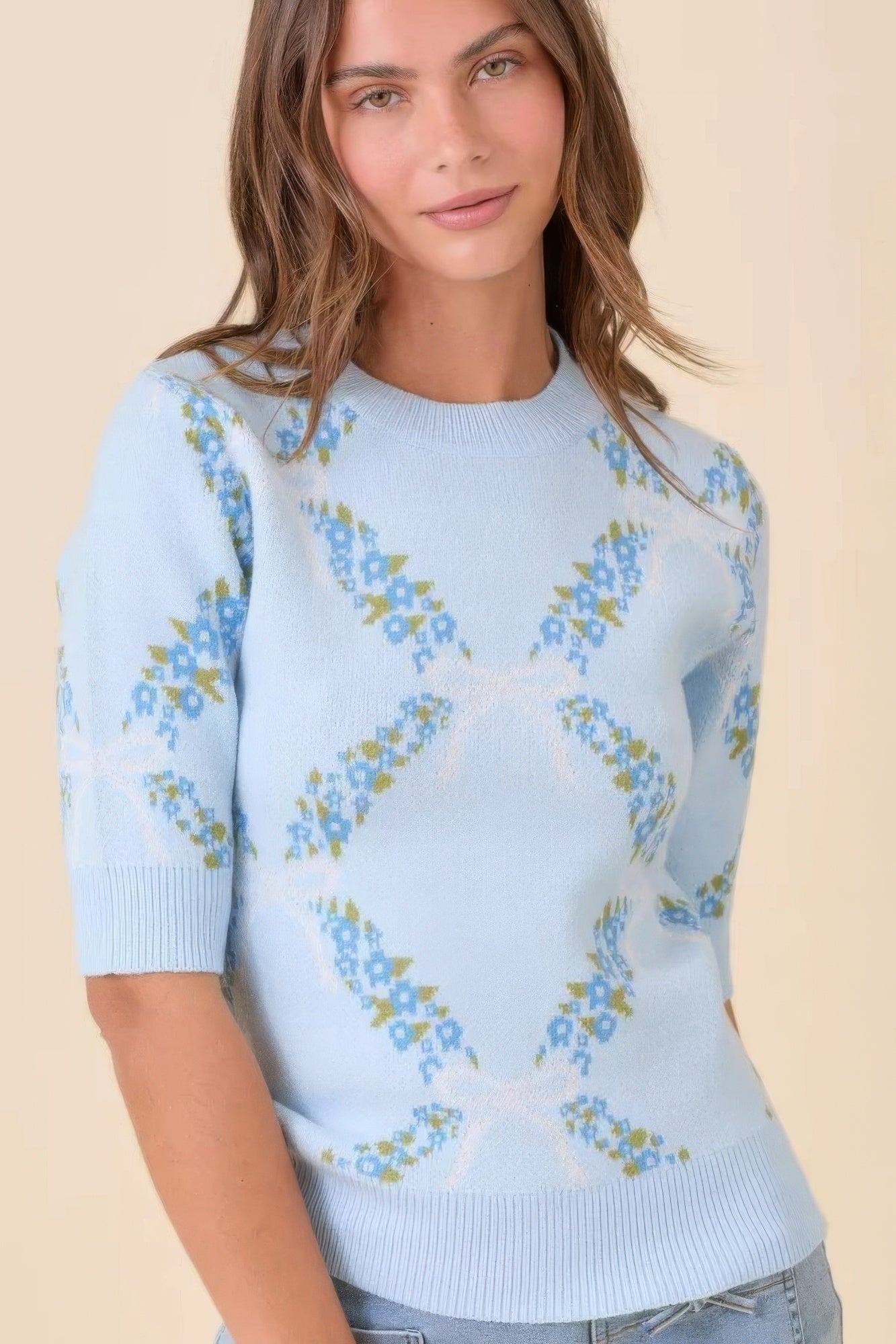 Floral Ribbon Print Sweater Knit Top - Tigbul's Variety Fashion Shop