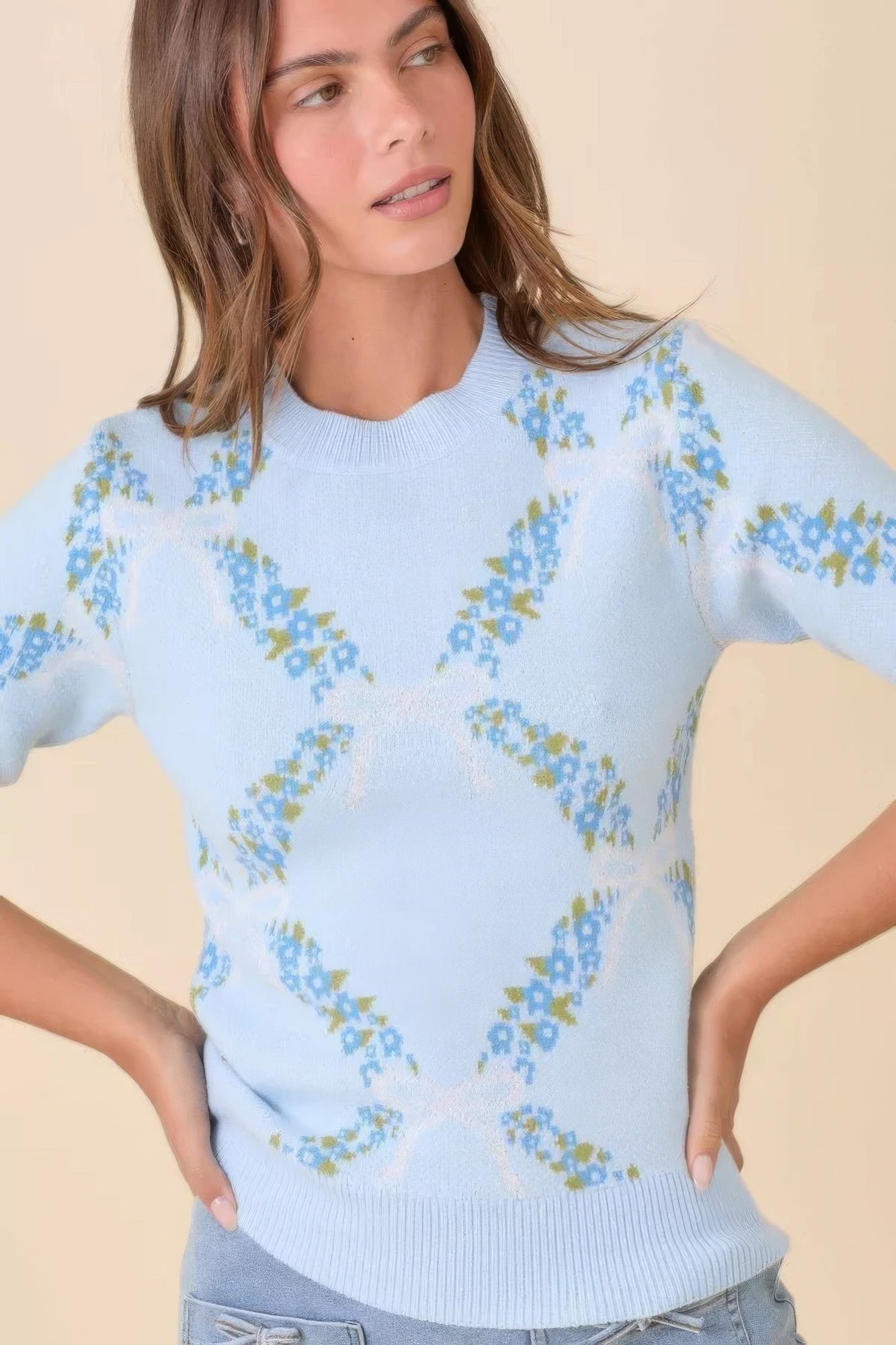 Floral Ribbon Print Sweater Knit Top - Tigbul's Variety Fashion Shop