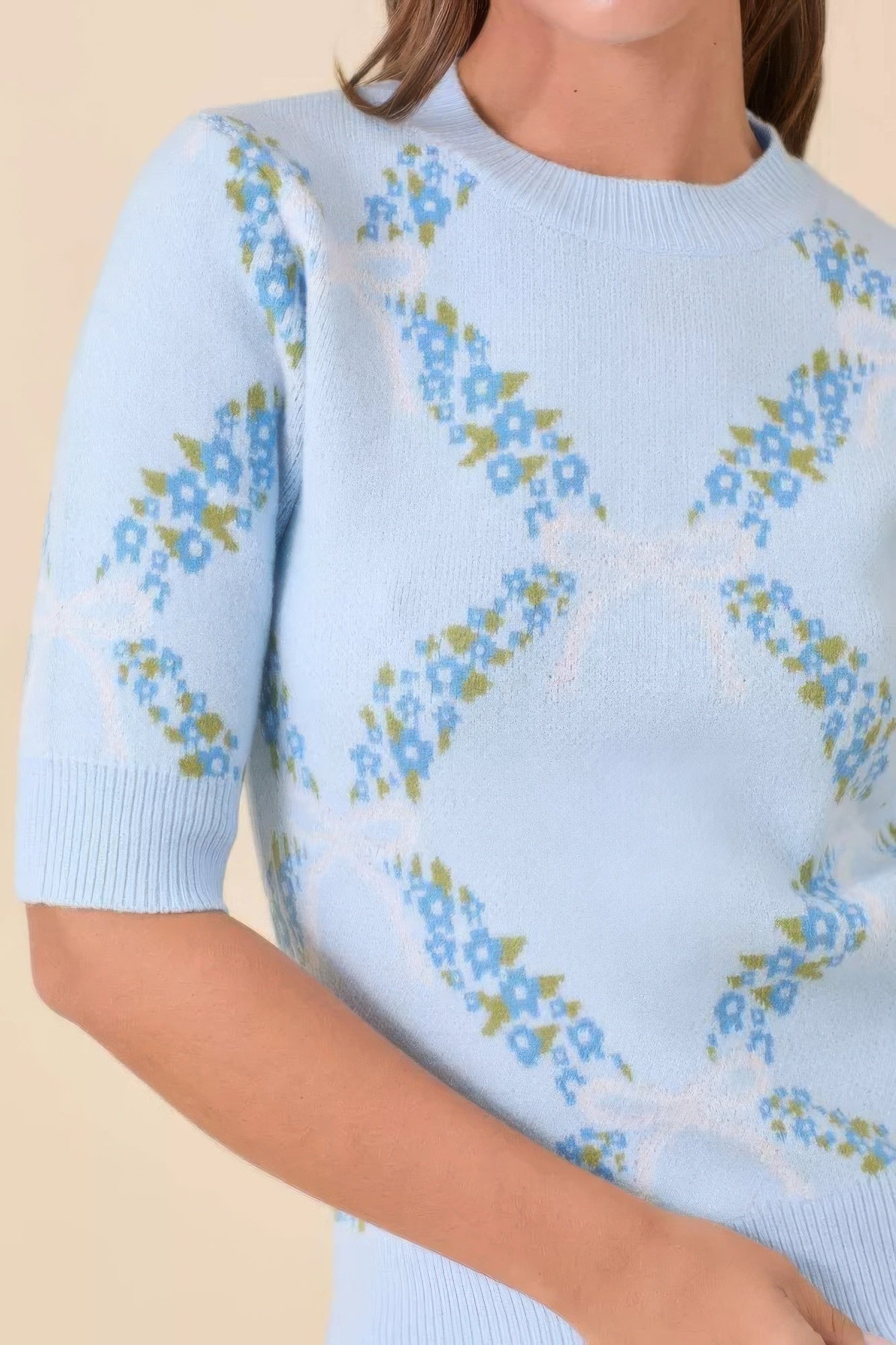 Floral Ribbon Print Sweater Knit Top - Tigbul's Variety Fashion Shop