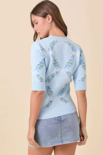 Floral Ribbon Print Sweater Knit Top - Tigbul's Variety Fashion Shop