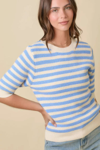 Short Sleeve Sweater Knit Stripe Top - Tigbul's Variety Fashion Shop