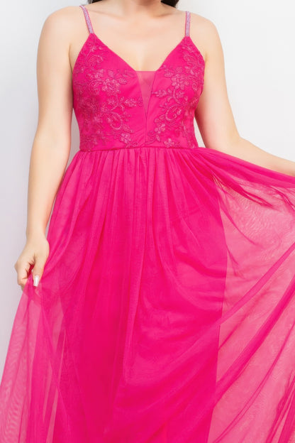 Glittered Straps Mesh Tulle Maxi Dress - Tigbul's Variety Fashion Shop