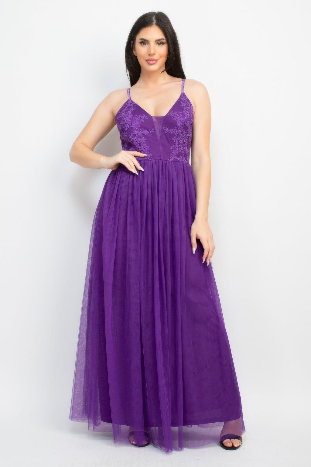 Purple glitter strap mesh maxi dress with V-neck bodice and layered tulle skirt