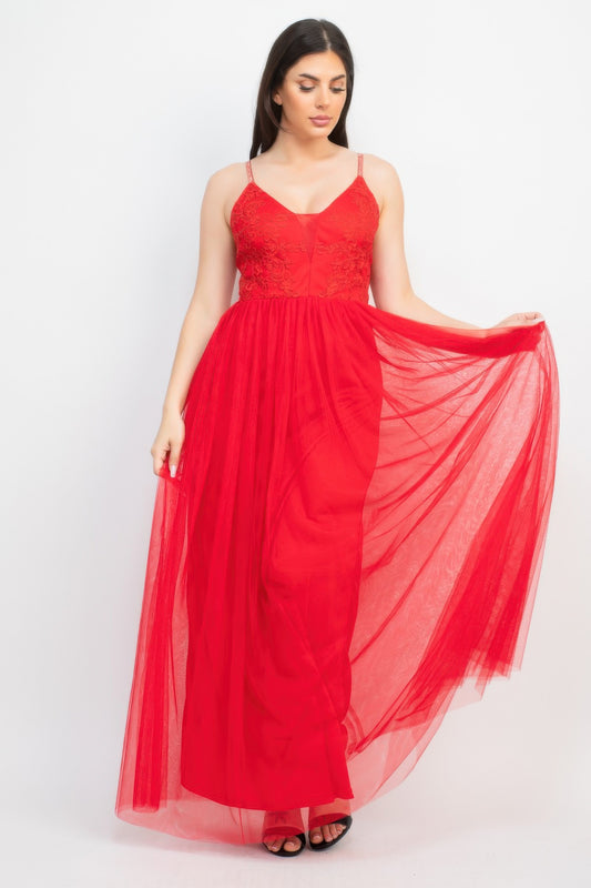 Glittered Straps Mesh Tulle Maxi Dress - Tigbul's Variety Fashion Shop