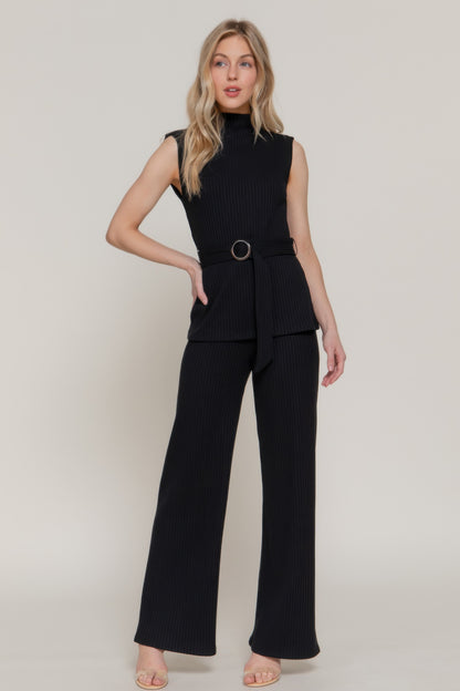 Sleeveless Mock Neck Waist Belt Rib Knit Top - Tigbul's Variety Fashion Shop