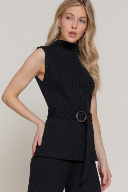 Sleeveless Mock Neck Waist Belt Rib Knit Top - Tigbul's Variety Fashion Shop