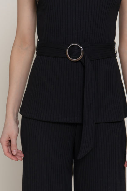 Sleeveless Mock Neck Waist Belt Rib Knit Top - Tigbul's Variety Fashion Shop