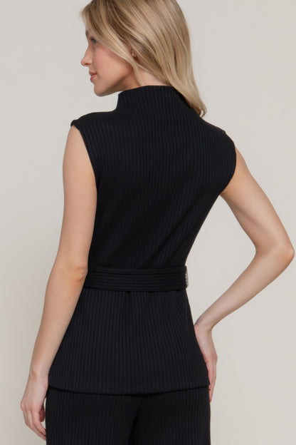 Sleeveless Mock Neck Waist Belt Rib Knit Top - Tigbul's Variety Fashion Shop