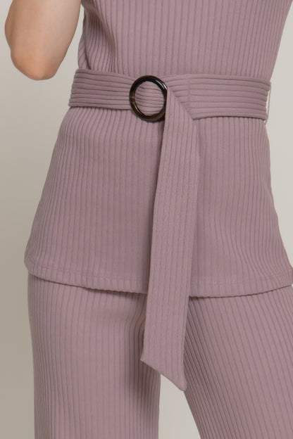 Sleeveless Mock Neck Waist Belt Rib Knit Top - Tigbul's Variety Fashion Shop