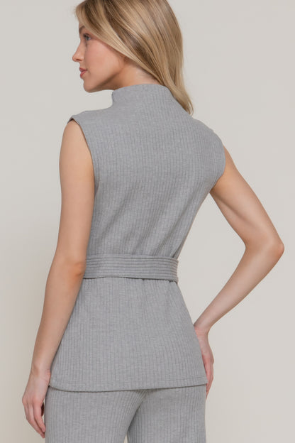 Sleeveless Mock Neck Waist Belt Rib Knit Top - Tigbul's Variety Fashion Shop