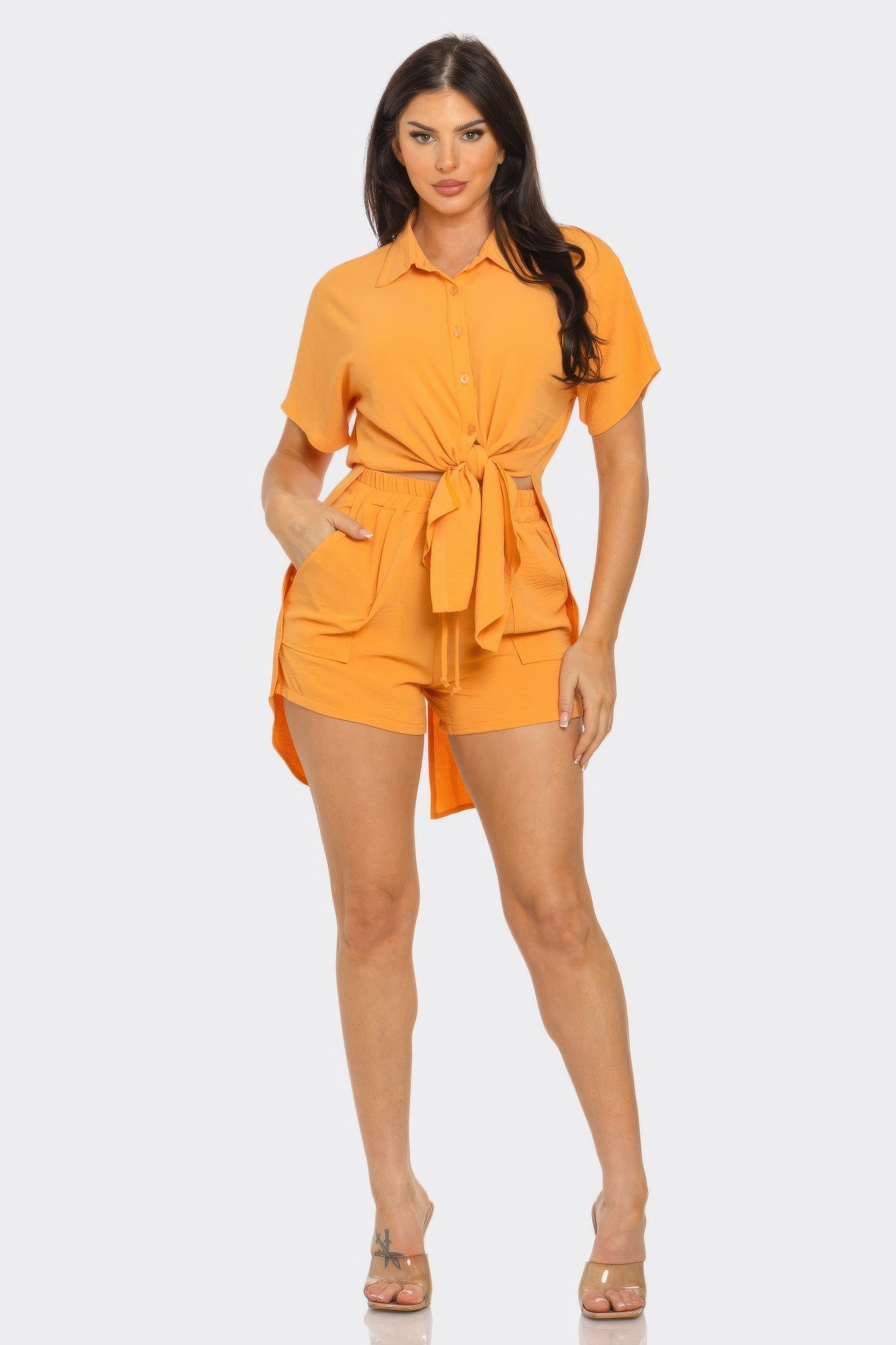 Front Tie Back Oversized Slit Top And Shorts Set - Tigbul's Variety Fashion Shop
