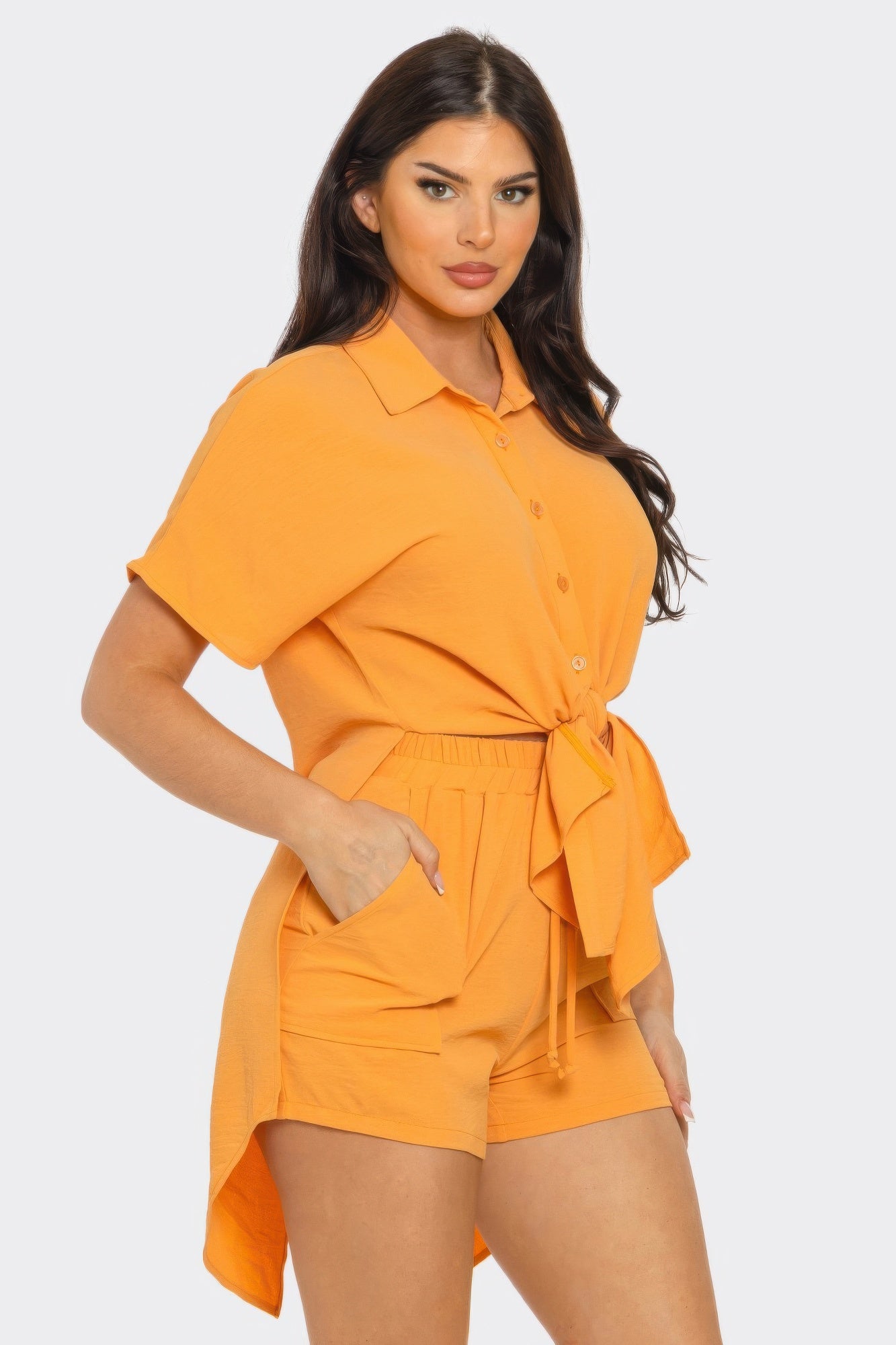 Front Tie Back Oversized Slit Top And Shorts Set - Tigbul's Variety Fashion Shop