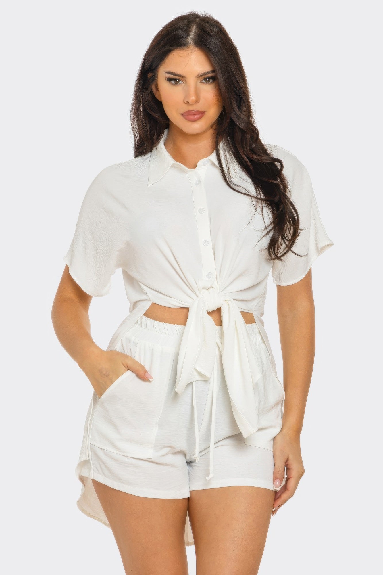 Front Tie Back Oversized Slit Top And Shorts Set - Tigbul's Variety Fashion Shop