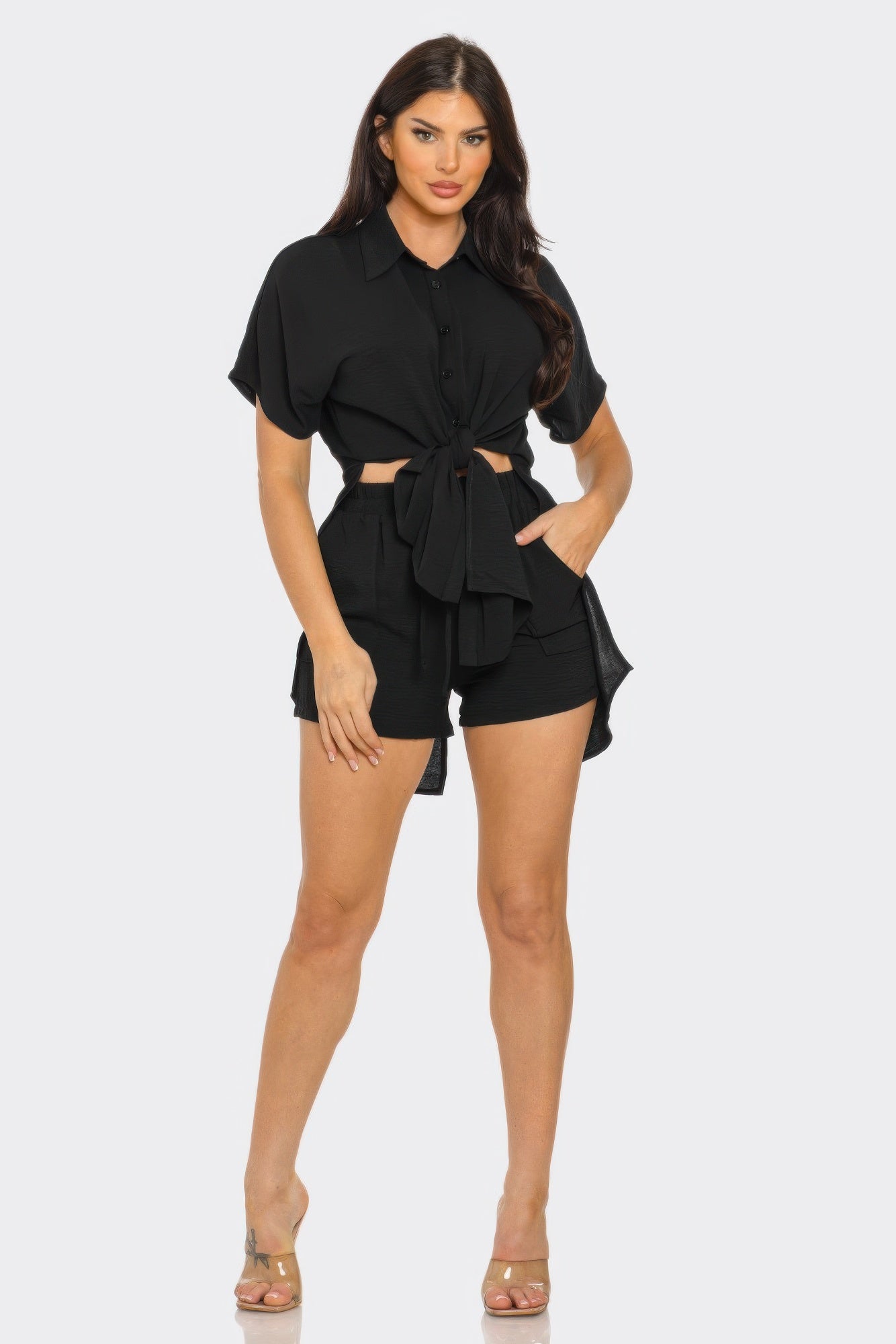 Front Tie Back Oversized Slit Top And Shorts Set - Tigbul's Variety Fashion Shop